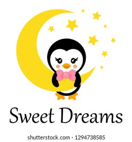 cartoon cute penguin with tie on the moon and text