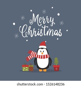 Cartoon cute penguin vector character. Christmas print with penguin and lettering Merry Christmas. Vector illustration.
