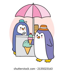 Cartoon cute penguins buying ice cream vector.