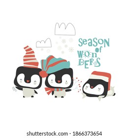 Cartoon cute penguins celebrating Christmas on white background