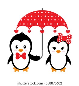 cartoon cute penguins set with heart and umbrella