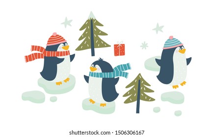 Cartoon cute penguins vector character. Christmas print with penguins in hats in the winter forest.