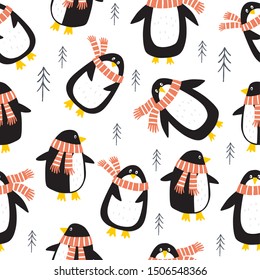 Caricatura de lindos pingüinos vectoriales. Impresión navideña con pingüinos en sombreros en el bosque invernal. Patrón transparente