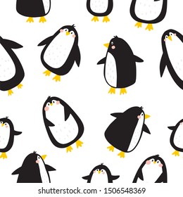 Cartoon cute penguins vector character. Christmas print with penguins in hats in the winter forest. Seamless pattern