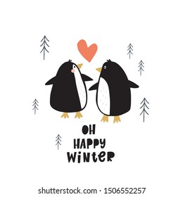 Cartoon cute penguins vector character. Christmas print with penguins in hats in the winter forest.