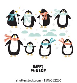 Cartoon cute penguins vector character. Christmas print with penguins in hats in the winter forest.