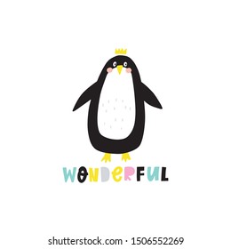 Cartoon cute penguins vector character. Christmas print with penguins in hats in the winter forest.