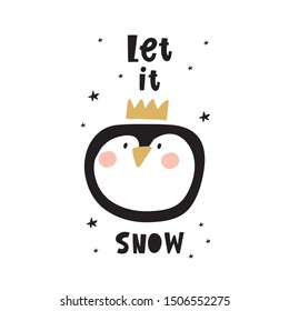 Cartoon cute penguins vector character. Christmas print with penguins in hats in the winter forest.