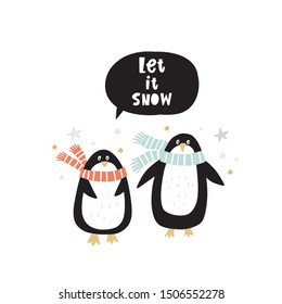 Caricatura de lindos pingüinos vectoriales. Impresión navideña con pingüinos en sombreros en el bosque invernal.