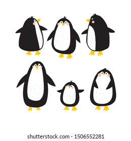 Cartoon cute penguins vector character. Christmas print with penguins in hats in the winter forest.