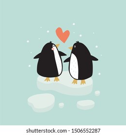 Cartoon cute penguins vector character. Christmas print with penguins in hats in the winter forest.