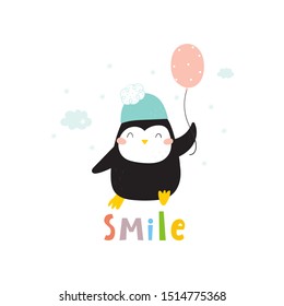 Cartoon cute penguins vector character. Christmas print with penguins in hats. smile card. Bright funny cartoon card .