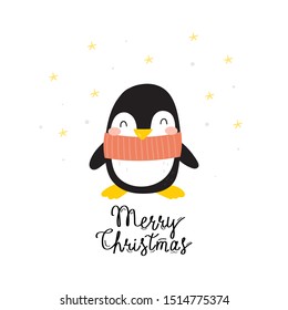 Cartoon cute penguins vector character. Christmas print with penguins in hats. Merry Christmas card. Bright funny cartoon card .