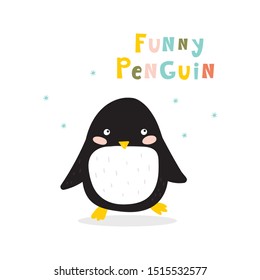 Cartoon cute penguins vector character. Christmas print with penguins in hats. Bright funny cartoon card .