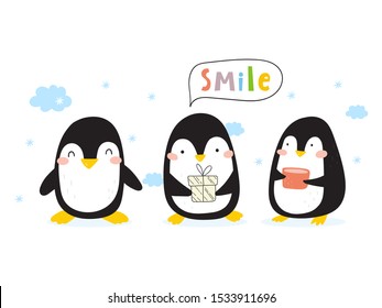Cartoon cute penguins vector character. Christmas print. Bright funny cartoon card .