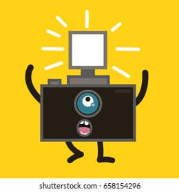 Cartoon cute photo camera with flash light in modern children style. Funny character. Vector illustration.