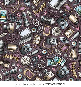 Cartoon cute Photo seamless pattern. Colorful detailed, with lots of objects background. Endless funny vector illustration. Bright colors photographer backdrop.