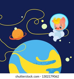 cartoon cute pig astronaut in space. print, poster, postcard. Flat style and grunge textures, vector illustration. - Vector