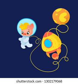 cartoon cute pig astronaut in space. print, poster, postcard. Flat style and grunge textures, vector illustration. - Vector