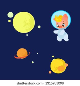 Cartoon cute pig astronaut in space. print, poster, postcard.