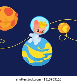 Cartoon cute pig astronaut in space. print, poster, postcard.