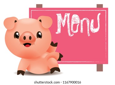 Cartoon cute pig character sitting beside big pink menu signboard - vector mascot Isolated.