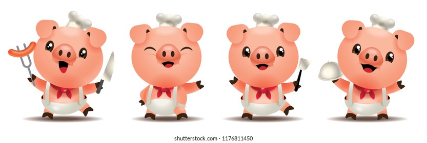 Cartoon cute pig chef mascot series. Cartoon cute pig holding kitchen tools. vector illustration isolated