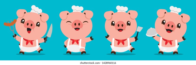 Cartoon cute pig chef mascot series. Cartoon cute pig holding kitchen tools. Flat art vector illustration - vector