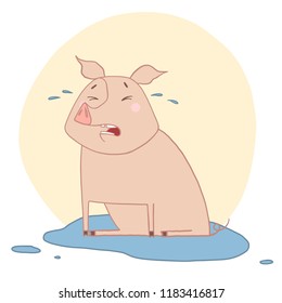 Cartoon cute pig crying. Vector illustration. 