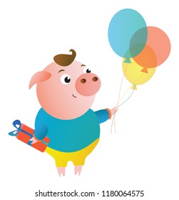 Cartoon cute pig with the gift and balloons. Vector illustration.  Isolated on transparent background.  Excellent for the design of postcards, posters, stickers and so on.