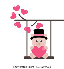 cartoon cute pig in hat with heart on a swing and on a lovely branch