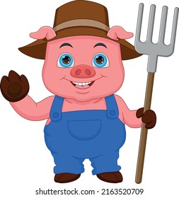 cartoon cute pig holding a rake