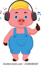 cartoon cute pig listening to music