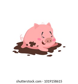 Cartoon cute pig. Little piglet laughing and  playing in mud puddle. Domestic animal character. Vector illustration isolated on white background.