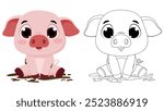 Cartoon cute pig playing mud, coloring page for children drawing education