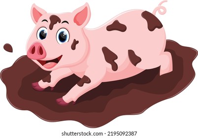 Cartoon cute pig playing mud 