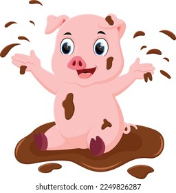 Cartoon cute pig playing mud