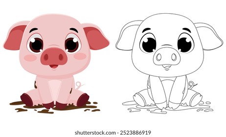 Cartoon cute pig playing mud, coloring page for children drawing education