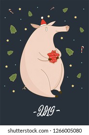 Cartoon cute pig in Santa hat and gift box illustration with New Year and Christmas tree, candy and stars. 2019 lettering sign on dark background.