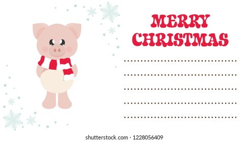 cartoon cute pig with scarf on the christmas card