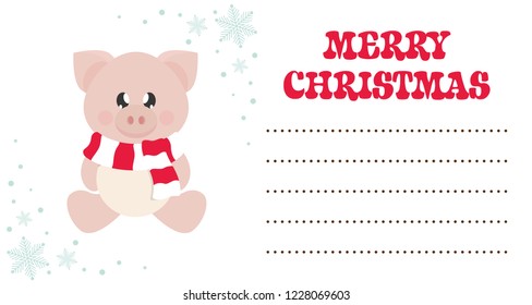 cartoon cute pig with scarf sitting on the christmas card
