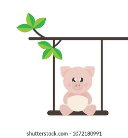 cartoon cute pig sitting on a swing on a branch