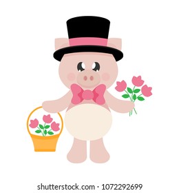 cartoon cute pig with tie in hat and flowers and basket