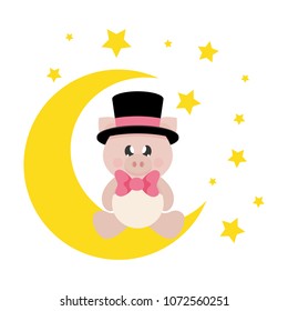 cartoon cute pig with tie in hat sitting on the moon 