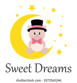 cartoon cute pig with tie in hat sitting on the moon with text