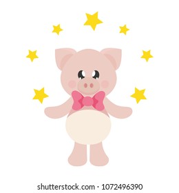 cartoon cute pig with tie and stars