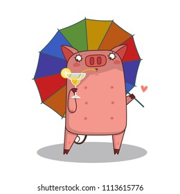 cartoon cute pig with tie and umbrella