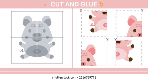 cartoon cute pig.education paper game for kindergarten and preschool.cut and glue game