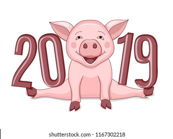 Cartoon cute piggy, symbol 2019 year according to Chinese astrology with three dimensional visual number 2019. Illustration for new year card, calendar cover. Isolated on white. eps 10