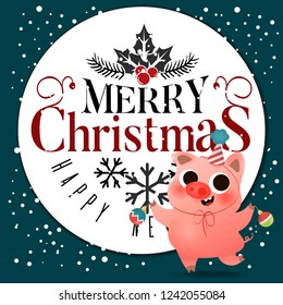Cartoon cute piggy with Xmas tree toys greeting card